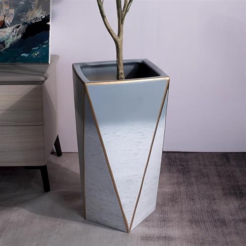 Jardinière haute en céramique bleu clair laquée design diamant