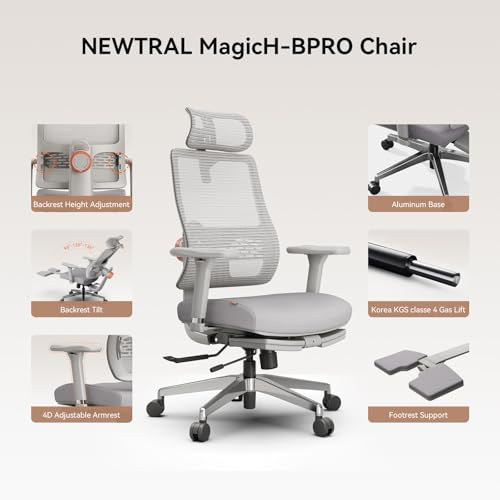 Image of Ergonomic Office Chair with Auto Adaptive Lumbar Support & Laptop Tray | Retractable Footrest,5D Headrest,4D Armrest,96-136 Lock Recline,BIFMA Aluminum Base,Grey Mesh for Home Gaming Work