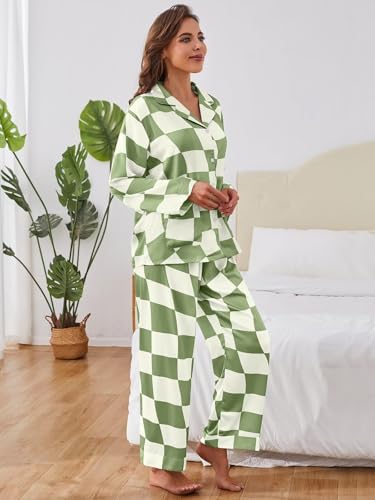 Brosloth Womens Silk Pajamas Button Up Pajama Soft Long Sleeve Satin Printed Loungewear Set3