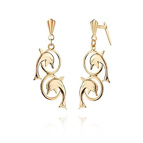 Andralok - Boucles d'oreilles à double anneau avec Dauphins - Or jaune 9 carats - Écrin cadeau inclus