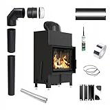 Kamineinsatz Holzofen Stahl Floki Schwarz 8kW ∅160 BImSchV 2 Wirkungsgrad 80% Kamineinsätze Holz Leistungsbereich 3-11kW Traditioneller Kamineinsatz Komplettset mit Zubehör
