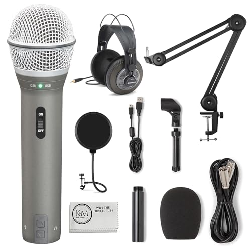 SAMSON Q2U Recording & Podcasting Pack | Gray Bundled with SR850G Headphones + Pop Filter + Mic Arm + Microfiber Cleaning Cloth