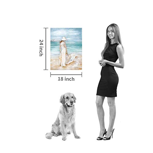 Abstract Beach Artwork Ocean Picture: Modern Women With Umbrella Sea Print Coastal Wall Art On Canvas For Bedroom (24” X 18” X1 Panel) #TOP5