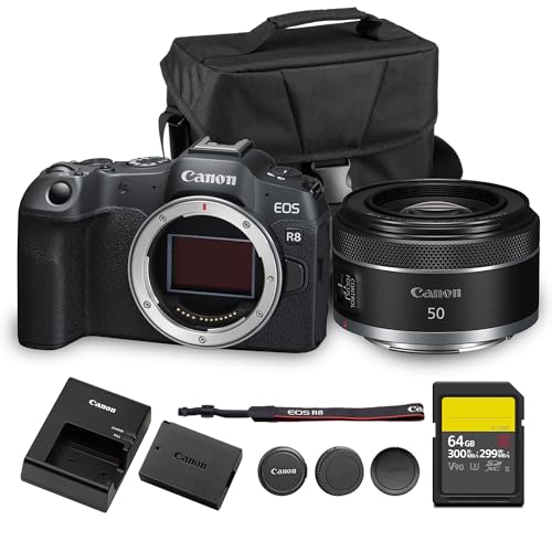 Image of Canon EOS R8 Mirrorless Camera | 24.2MP Full Frame Sensor 4K 60p Video | Compact Lightweight Hybrid Camera for Travel and Content (5803C002) + Canon RF 50mm f/1.8 STM Lens + 64GB Card + Bag