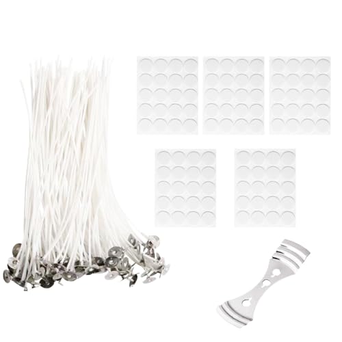 Cortney 100 Piezas 10 cm de Mecha para Velas de Algodón, 100 Pegatinas, 1 Dispositivo de Centrado de Mecha de Metal, para Fabricación de Velas DIY