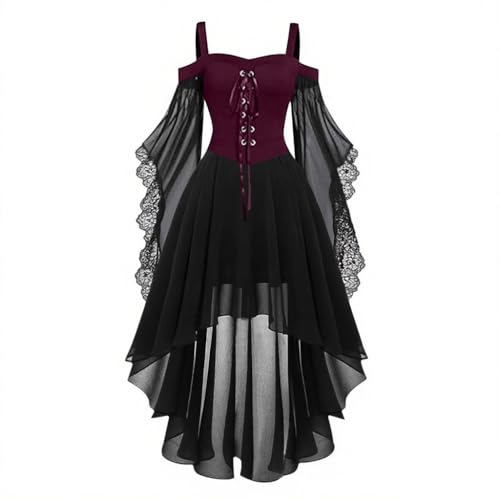 Disfraces de Halloween para mujeres adultas, vestido gótico con correa de hombro descubierto, vestido gótico acampanado de malla, retazos, disfraz medieval para mujer, vintage, steampunk, con cordones