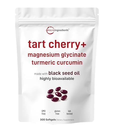 Tart Cherry+ with Magnesium Glycinate & 95% Turmeric Curcumin, 300 Softgels | Highly Bioavailable with Black Seed Oil Carrier | Extra Strength Tart Cherry Extract | Natural Herbal & Mineral 