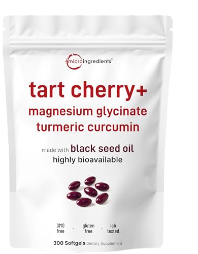 Tart Cherry+ with Magnesium Glycinate & 95% Turmeric Curcumin 300 Softgels | Highly Bioavailable with Black Seed Oil Carrier | Extra Strength Tart Cherry Extract | Natural Herbal & Mineral Complex