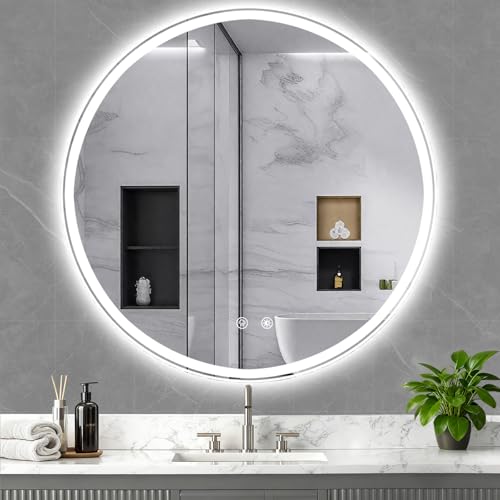 28 Inch LED Bathroom Mirror: Round Vanity Mirror with Lights, Dim...