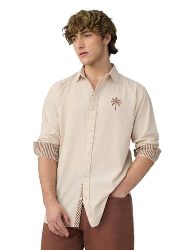 Image of The Souled Store Solid Linen: Beige Color Men and Boys Regular Outdoor Fit Full Sleeve Collared Neck Spread Collar Casual Wear Stylish Comfortable Premium Elegant Cotton Shirts