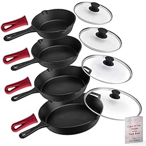 Cuisinel 6″+8″+10+12″-Inch Cast Iron Skillets Set + Glass Lids + Silicone Handle Grips – Pre-Seasoned Frying Pan – Oven Cookware – Use Indoor/Outdoor, Grill, Stovetop, Fire, Camping, Kitchen