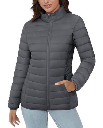 MAGCOMSEN Ladies Quilted Lightweight Puffer Stand-collar Padded Jacket with Inner Pockets Winter Zip-up Casual Coat, Dark Grey XL