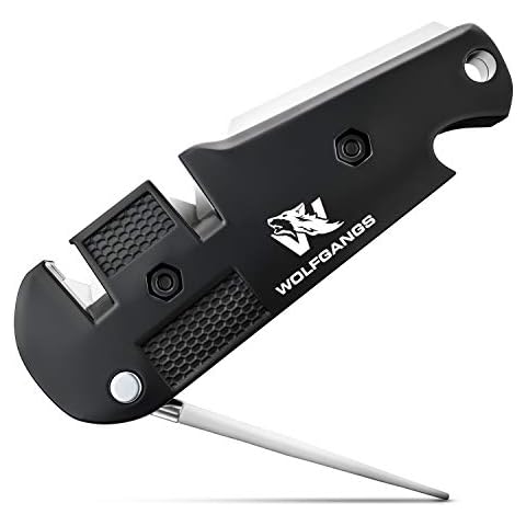 WOLFGANGS KlingenDoktor 5 in 1 - Premium Pocket Klingenschärfer & Survival Tool - Geeignet für die gängigsten Klingenarten sowie Wellenschliff Schärfer - Perfektes Outdoor Zubehör Cover