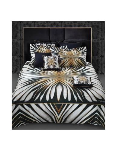 Roberto Cavalli Completo lenzuola matrimoniale effetto copriletto, realizzato in raso di cotone 100% con stama digitale ad alta definizione, made in Italy art. Ray of gold col. gold