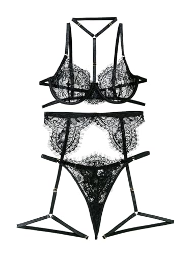 Image of Lilosy Sexy Choker Floral Lace Scallop Sheer Underwire Push Up Garter Belt Lingerie Set 3 Piece