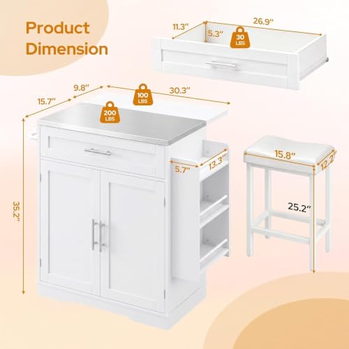 Concho 41" Rolling Kitchen Island with Bar Stool and Stainless Steel Top – Movable Cart with Folding Leaf, Outlet, and Hanging Rack by Concho - Used condition - Image 8