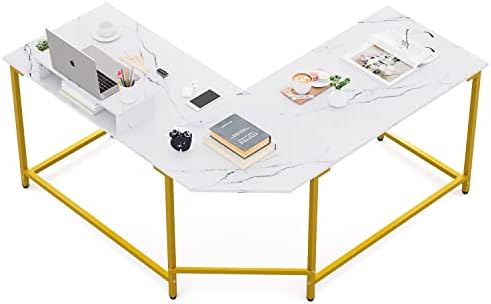 Elephance 59" L Shaped Desk Corner Computer Desk Gaming Table with Monitor Stand Workstation for Home Office Faux Marble White