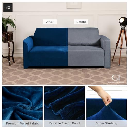 Image of Gifts Island Premium Velvet Sofa Cover 3 Seater and 2 Seater Fully Covered Universal 5 Seater Sofa Cover Non-Slip Sticky Elastic Stretchable Slipcover (Velvet Blue)