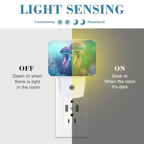 Image of Glowing Jellyfish in Deep Sea Night Light for Kids Girls Boys, Jellyfish LED Night Light Plug into Wall with Dusk to Dawn Sensor for Room, Hallway, Kitchen, Bathroom, Stairs Decor