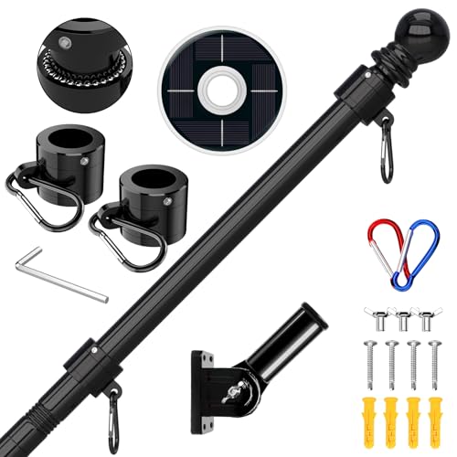 ZMTECH 6FT Solar Fahnenmast Kit, 1,8m Fahnenstange Wandmontage mit Flaggenhalter Solarbetriebene für Balkon Hauswand (ohne Flagge, Schwarz)