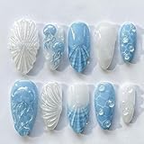 30Pcs Summer Beach Press on Nails Medium Almond Fake Nails 3D Blue Jellyfish with Rhinestones Glitter Designs Full Cover French Tip Stick on Nails Ocean False Nails for Women Girls Acrylic Nail Art