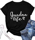 Grandma Life T-Shirt for Women Cute Heart Pattern Shirt Funny Letter Print Casual Grandma Gigi Gift Top, Life Black XL