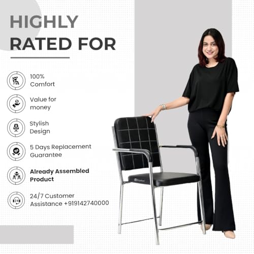 Image of Office Chair Visitor Chair with arm Rest with Steel Frame and Cushioned seat Back, Chair Without Wheels Holds up to 140 kg Heavy Design (1, Black, Heavy 2)
