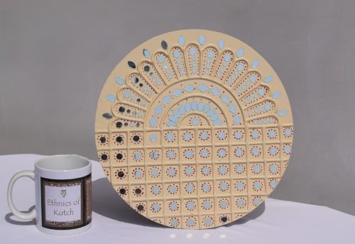 Image of Ethnics of Kutch Traditional Kutch Handicraft Mud-Mirrorwork Lippan Kam Wall Art (Water and Break Resistant) - Round (12 Inch Diameter) - (Cream LKT-0274)