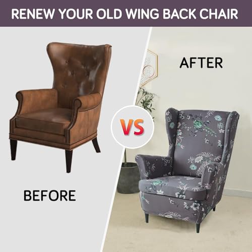 Image of HOKIPO 140 GSM Stretchable Wing Chair Cover, Bentonite Grey Budding Florals (NEW-AR-5135-D1)