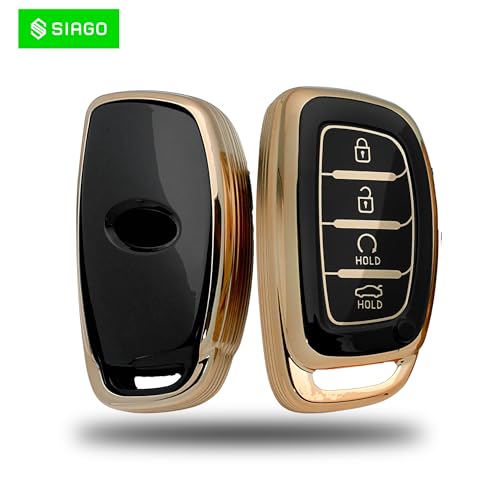 Image of SIAGO SIA360 TPU Key Cover and Metal Keychain Compatible for Hyundai Alcazar and Creta 2021 2022 & 2023 Car 4 Button Smart Key (Black Pack of 1)