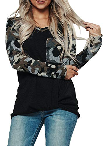 ROSKIKI Womens Crew Neck Sweatshirts Pullover Camo Contrast Long Sleeve Top with Pocket Black M