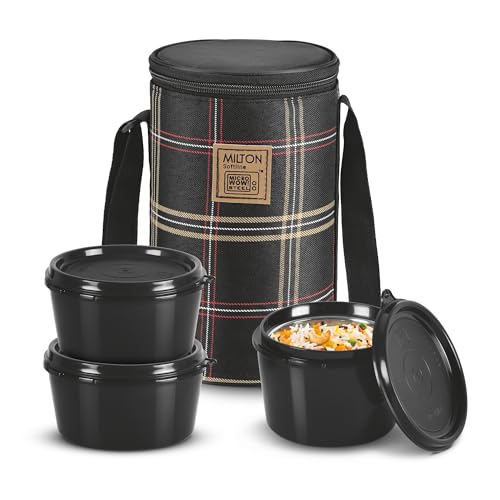 Lofty Lunch Box with Insulated Fabric Bag, Microwave Safe & Leak Proof, 3 Inner Steel Containers with BPA Free Lids (1 x 320 ml, 2 x 450 ml Each) for 
