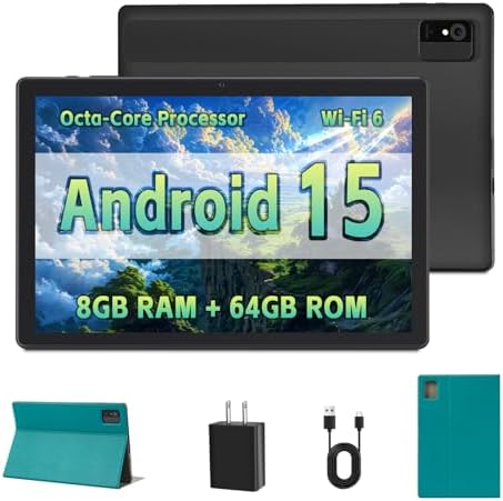 Android Tablet - 10 Inch Tablet for Adults with Octa-Core CPU, 8GB RAM, 64GB ROM, 1TB Expandable Storage, Dual Camera, 2.4G/5G Wi-Fi 6 - Android 15 Tablets with Protective Case, Black