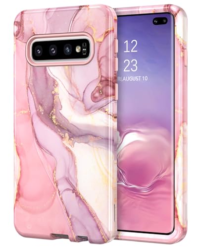 YINLAI Samsung Galaxy S10 Plus Case Marble Pattern 3 in 1 Full Body Rugged Hard PC Back Cover, Soft Silicone Drop Shockproof Protection Girly Women Case for Samsung Galaxy S10 Plus, Rose Gold Pink