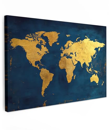 MuchoWow© Impressions sur Toile 120x80 cm Deco Tableau Murale Decoration Salon Peinture Tableaux Chambre Toiles Maison Carte du Monde - Or - Bleu Foncé