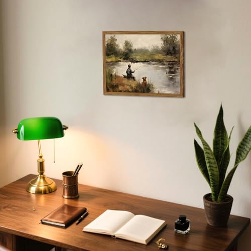 Image of Vintage Wall Art, Boy Fishing Wall Decor Paintings, Dog and Boy Landscape Canvas Prints Vintage Country Farmhouse Artwork for Bedroom Living Room 24x16 inch Wood Framed