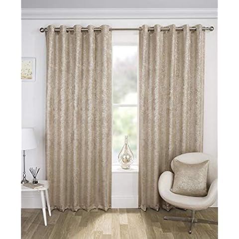 Enhanced Living Halo Natural/Gold- Thermal, Blockout, Eyelet Ring Top, Readymade Curtains with Textured Metallic Look (Natural/Gold, Width - 46" (117cm) x Drop - 54" (137cm)) Cover