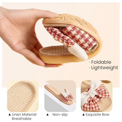 Women's Open Toe Slide Slippers with Cute Bow, Summer Linen Sandal Slippers, Slip-on House Shoes Indoor Outdoor Rubber Sole2