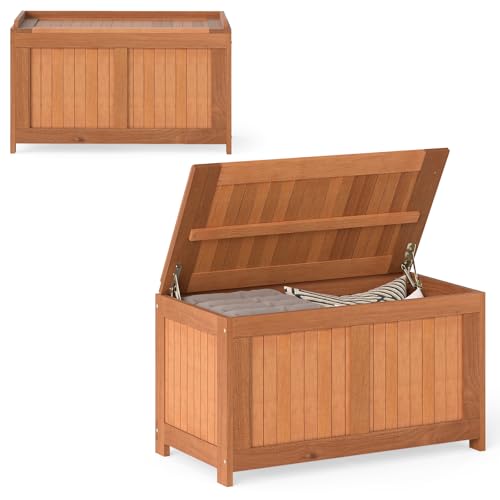 RELAX4LIFE Wood Deck Box 52 Gallon Backyard Storage Bin Container for Patio Furniture Cushions Pillows Garden Tools Pool Accessories Wooden Porch Bench Indoor Outdoor Storage Box (52 Gal)