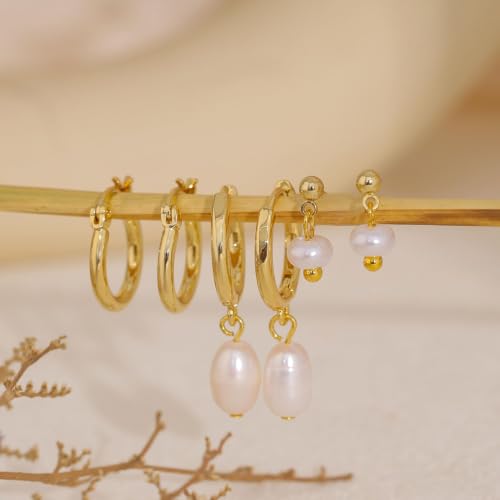 Image of Gold Earrings for Women, 14k Gold Plated Dangle Huggie Earrings for Women Trendy Dainty Gold Hoop Earring Stacks Hypoallergenic Pearl Chain Drop Cartilage Earring Fashion Womens Jewelry
