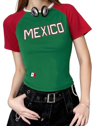 SOLY HUX Women's Y2k Mexico Graphic Tees Short Sleeve Letter Print Color Block Crop Tops T Shirt