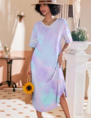 Image of Ekouaer Long Nightgown, Womens V Neck Loungewear Oversized Sleepwear Loose Sleep Dress S-4XL