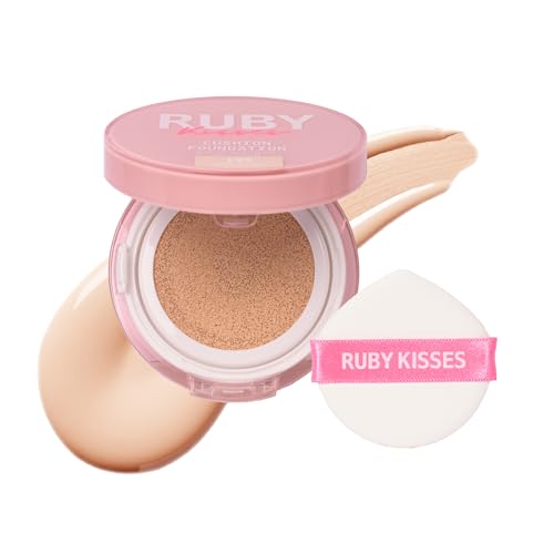 Ruby Kisses Cushion Foundation, Full Coverage Korean Makeup, Lightweight & Long Lasting, All Day Natural Glowy Finish for All Skin Types with Hyaluronic Acid & Bakuchiol (Fair Ivory, 0.52 Ounce)