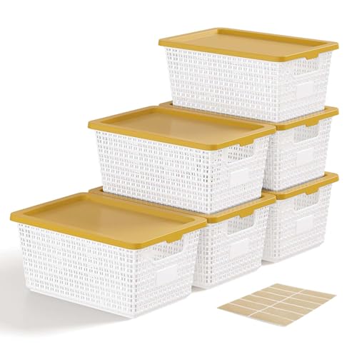 Image of EOENVIVS Storage Bins Bakets with Lids 6 Pack, Stackable Organizer Bins for Small Spaces, Pantry, Closet & Bathroom, Secure Snap Lids, 11x7x5 Plastic Storage Containers for Shelf Organization, White