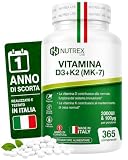 Nutrex Lab –Vitamina D3 K2 Integratore - 365 Microcompresse 1 Anno di Scorta, Vitamina D 2000 UI e Vitamina K MK-7 100µg - Vitamin D3 K2 Vegano Senza Glutine - Made in Italy