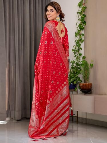 Image of ALMAARI FASHION Fendy Satin Foil Print Floral Saree with Tassels, Traditional Butti Motifs, 5.5m with 0.8m Blouse (FOIL 102 RED H)