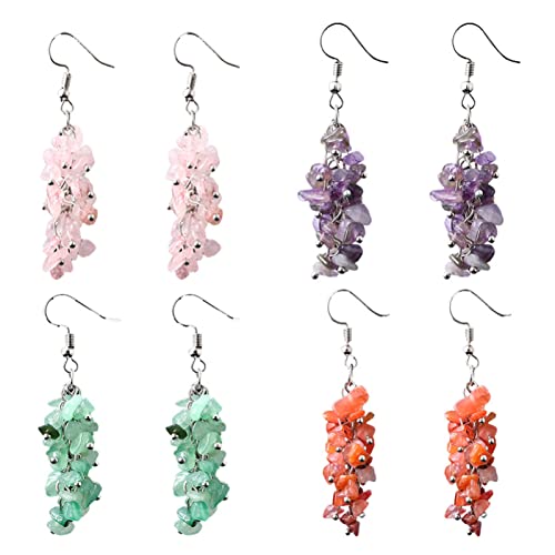 Stones Earrings for Women Reiki Crystal Long Dangle Hook Eardrop Lucky Natural Beauty,Amethyst