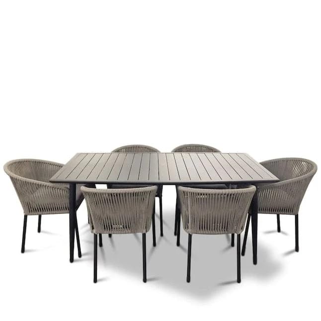 DRX 6 Seater Patio Furniture Dining Set, Wooden Dining Table and Rope Chairs Set, Conversation Set Outdoor Dining Set for Garden, Balcony, Poolside, Backyard, (Light Grey Wicker)-image-44