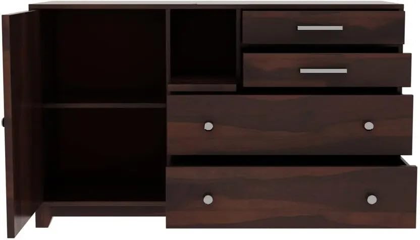 Image of Solid Sheesham Wood Sideboard Cabinet Storage with 2 Door & 4 Drawer Wooden Storage Organizer Cabinet for Home Kitchen Living Room Bedroom Hallway Dinning | Walnut Finish | Pre-Assembled
