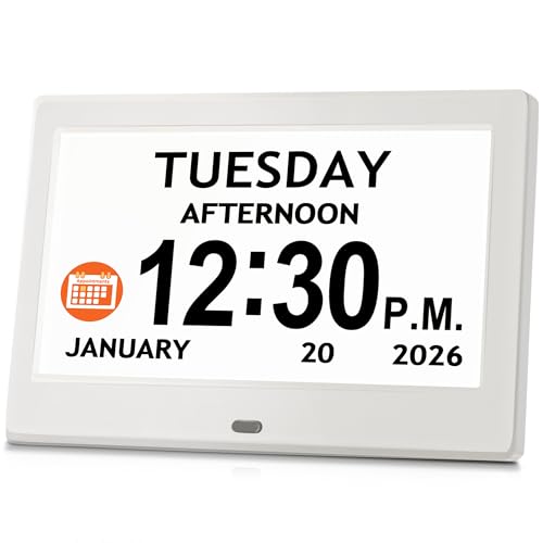 Image of 7'' Digital Clock, Dementia Clock With Date And Time, 10 Reminders, 6 Alarms, Auto-Dimming, Auto DST, Remote Control, Large Display Alarm Clock For Seniors, Gifts For People With Dementia, White